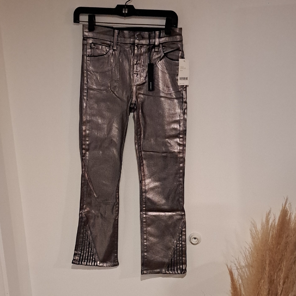 J Brand Metallic Silver Selena Bootcut Mid Rise Skinny Crop Size 25 B103